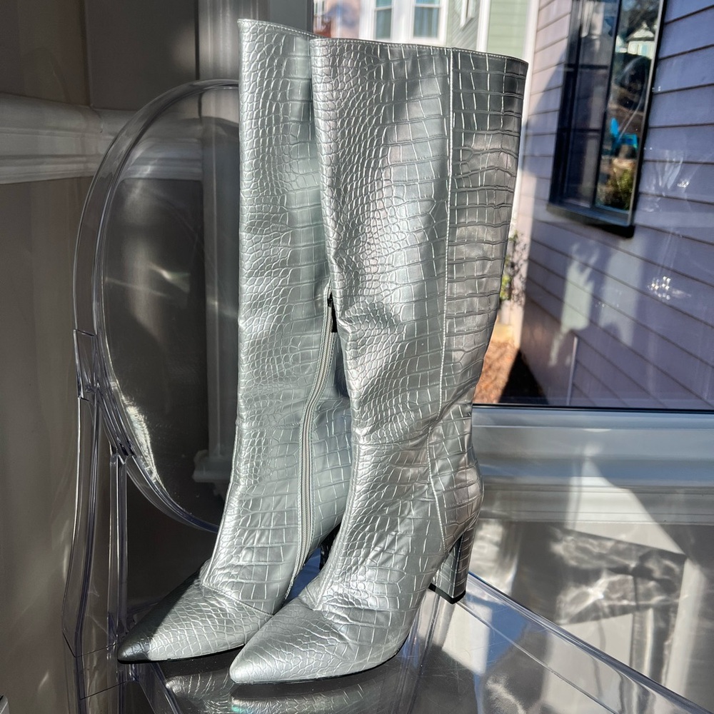 Silver Croc-Embossed Pointed-Toe Knee Boots